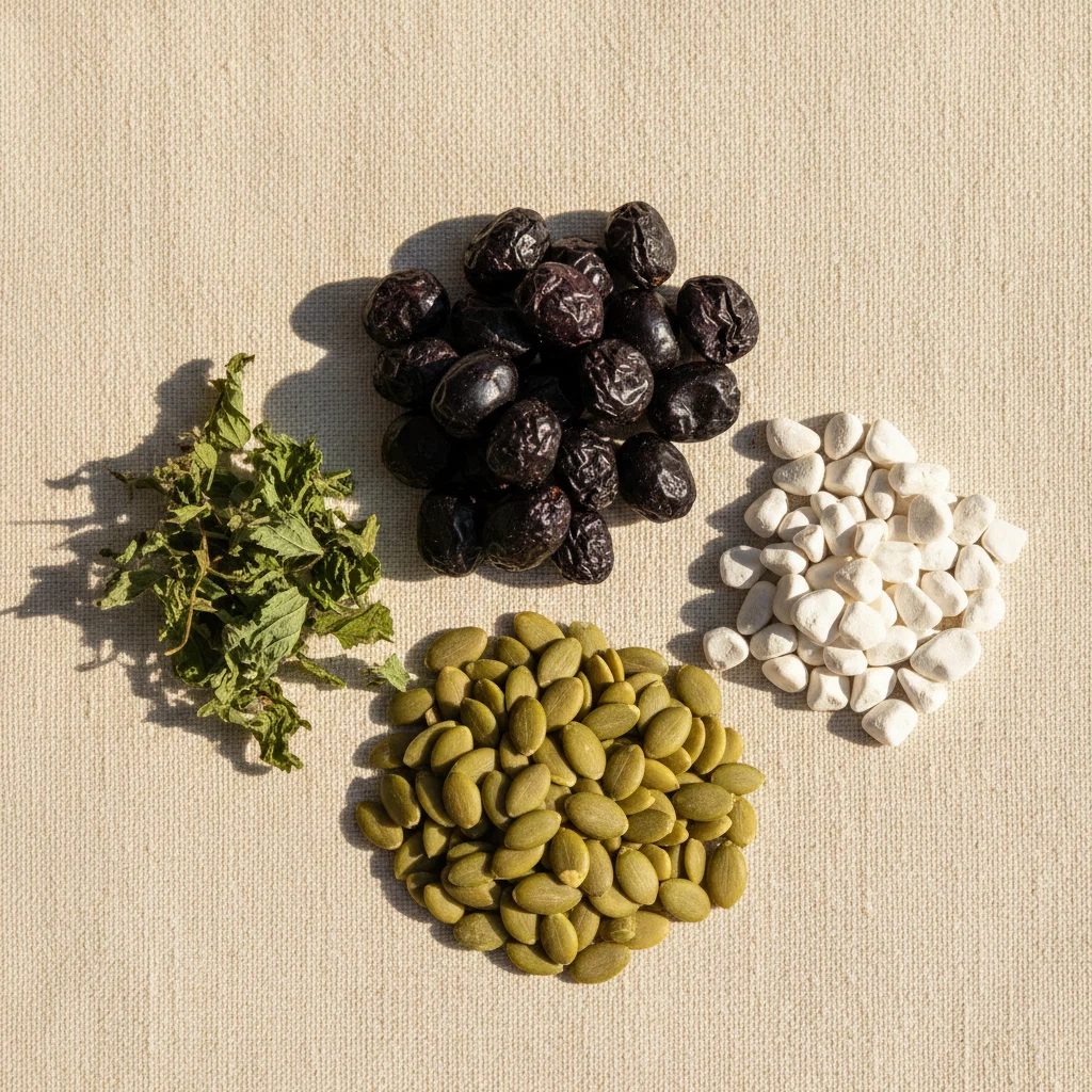 Saw palmetto berries, nettle leaves, zinc tablets and pumpkin seeds - plant-based supplement for men over 50