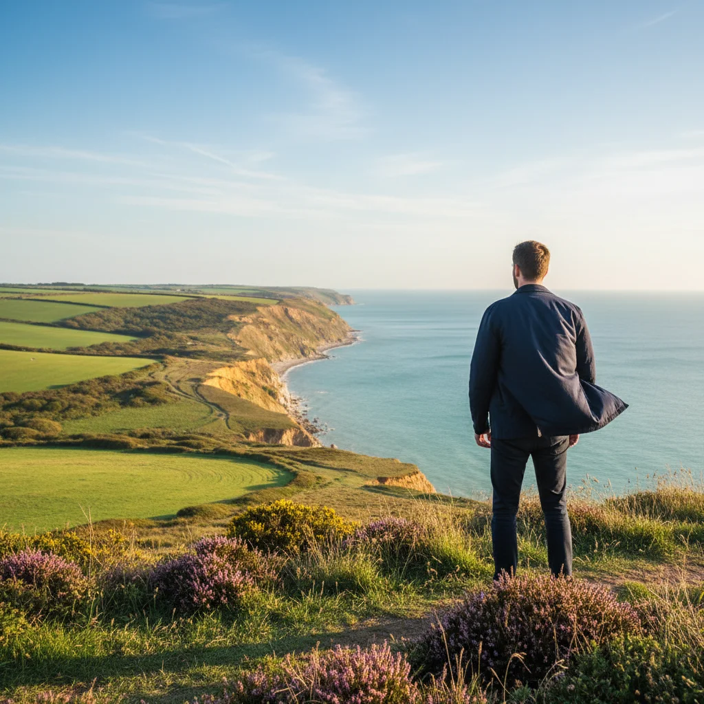 Man looking out over a British coastal landscape - active life over 50